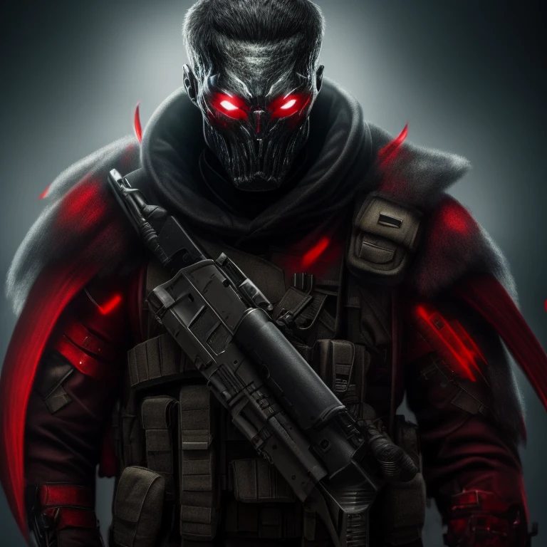 Portrait of a Soldier Monster, with Dark Aura and Red Eyes, military. Dark aura. Two eyes, Background with weapons