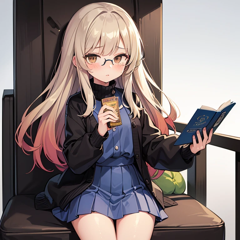 1girl in, Solo, Solo focus, sit a chair,Having a book,Holding a book in your hand,Cowboy Shot,Since a while ago,Portrait, soft rib turtleneck,White turtleneck, cardigan, 紺色のcardigan,long  skirt,long  skirt, ((Golden hair)), (brown haired), (Gradient Hair :1.5), Long hair / Habitual hair, ((light brown eyes)), Ultra-detailed細な目,eye glass,eye glass,eye glass,a little dark face ,(Caramel black skin:1.1), Best Quality, Ultra-detailed, White background, Simple background,Overall adjustment,Overall adjustment,Overall adjustment