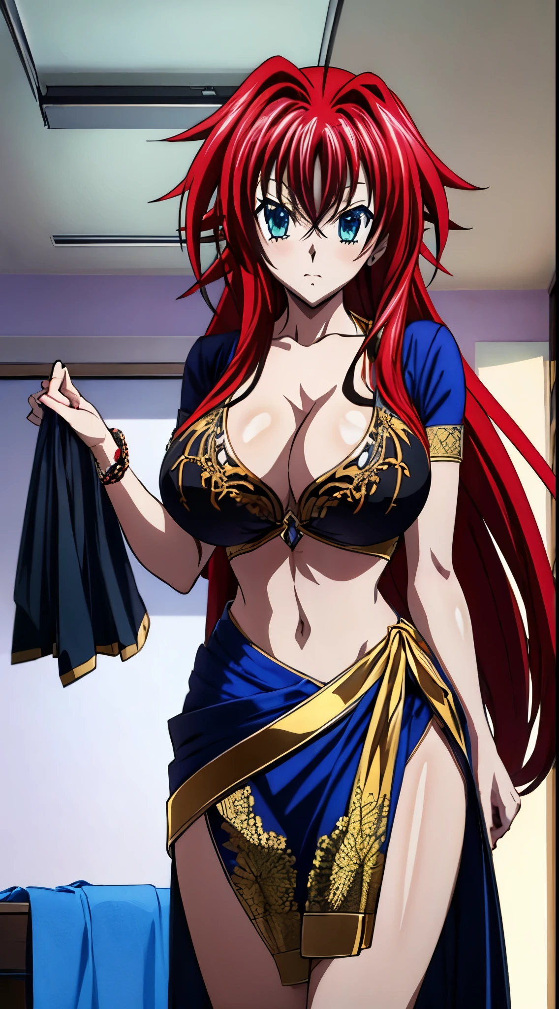 rise gremory from high school DxD,red hair,blue eyes,wearing a saree,large breast,full bdy view,front view,