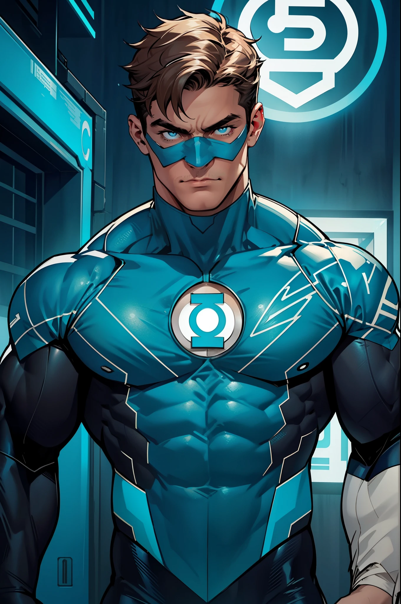 Blue Lantern, Hal Jordan, upper body shot, face of a 30s, tall, hunk, lean muscle, short hazel hair, all neon cyan blue and black suit, light neon blue lantern logo on the chest, best quality, masterpiece, high resolution, blue ring on his right middle finger, dark blue eyes mask, straight face, detailed face, detailed suit