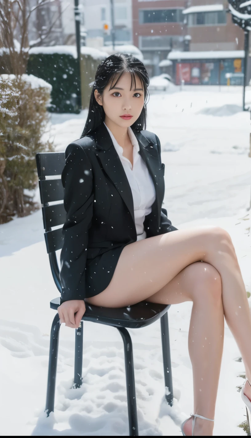 Japanese woman, beautiful face, long black hair, black suit, micro shorts, beautiful legs, bare legs, thighs, crossed legs, stilettos, heavy snow, blizzard, snowfall
