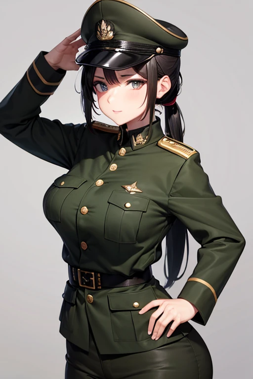 Military Uniform, Black Hair, Breast, Military Cap, Ponytail