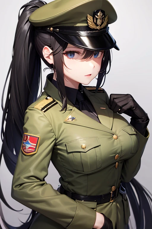 Military Uniform, Black Hair, Breast, Military Cap, Ponytail