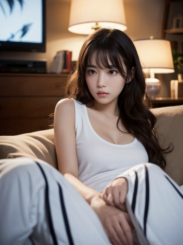 Highest Quality, ​masterpiece, unbelievably beautiful, very delicate 8k wallpaper, Transcendently Beautiful Girl, girl watching tv on the sofa, japanese, 20 year old, {{less mole}}, ((long hair)), ((wavy hair)), ((looking away)), sexy pajamas, wariza, Cute and very detailed eyes, Cherry-heart-shaped lips, ((room at night)), ((dark light)), dark ilumination, Detailed eyes, detailed facial features, detailed arms, Detailed fingers, Detailed legs