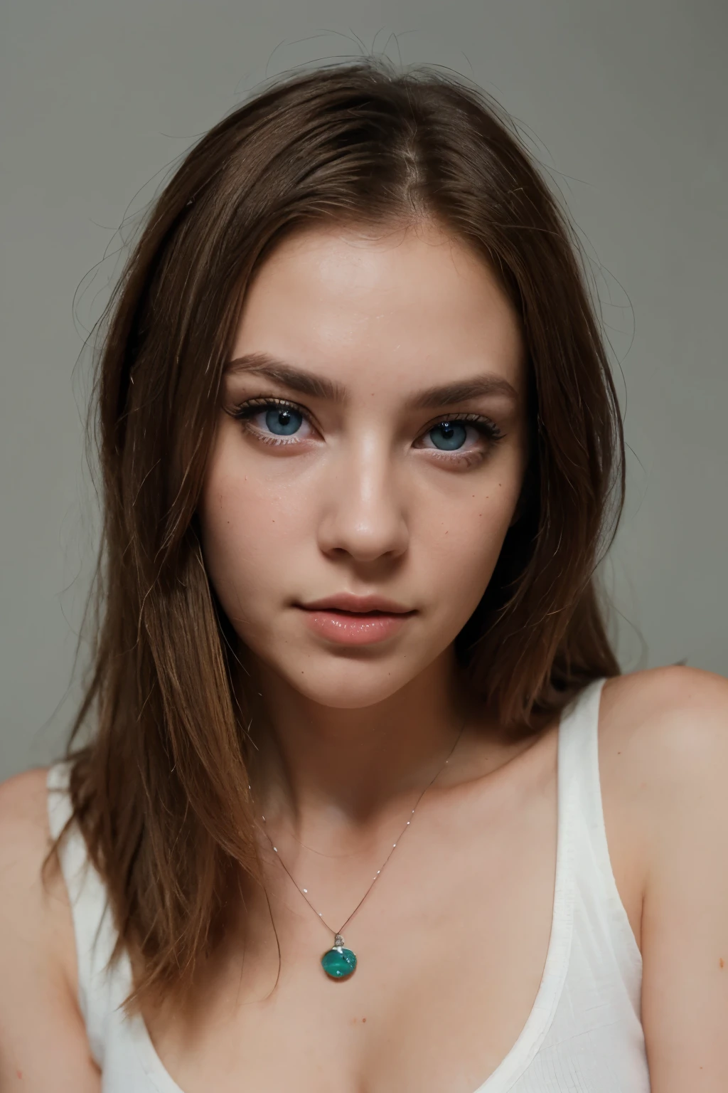 (Please generate an image of a young woman wearing a shirt and necklace. She has blonde hair, bigger, Blue eyes, and a subtle, natural makeup. The photo should show that she has no obvious makeup, She should look directly into the camera.she is having a visible orgasm. The face should look real and natural. Full body shots of this attractive woman should feature eye-catching poses, She has sharp blue eyes. The girl has a sweet temperament, And the posture should be sweet too. Please make sure the woman's entire body is visible in the image. The background should be clear、Neatness. The details of the image should be of high quality(Best quality at best)), ((tmasterpiece)), (Detailed pubic hair), s the perfect face