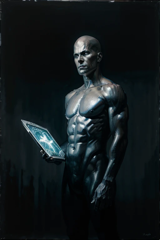 oil painting of the silver surfer mid 50's, looking down, intense expression, dark atmosphere, black background, in the style