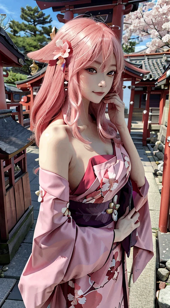 (Masterpiece, Excellent, 1girl, solo, complex details, color difference), realism, ((Large breasts)), large breasts, hourglass figure, sexy, Yae Miko, long pink hair, red headdress, red highlight, hair above one eye, green eyes, earrings, sharp eyes, perfectly symmetrical figure, choker, neon shirt, open jacket, turtleneck sweater, against the wall, brick wall, graffiti, dim lighting, alley, looking at the audience, ((mean, seductive, charming)), ((cherry blossom background ))),((Japanese temple background)))), (((Glow-in-the-dark background)))