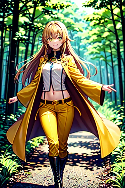 a girl with bright skin and yellow-orange blond, about  girl with long striaght hair, pretty smile with bright yellow eye, priestess wearing a long yellow tailcoat showing navel, ankle-long yellow cotton pants, platinum metal gauntlet on left hand, knee-high leather boots, forest road background, shaking a hand to the front