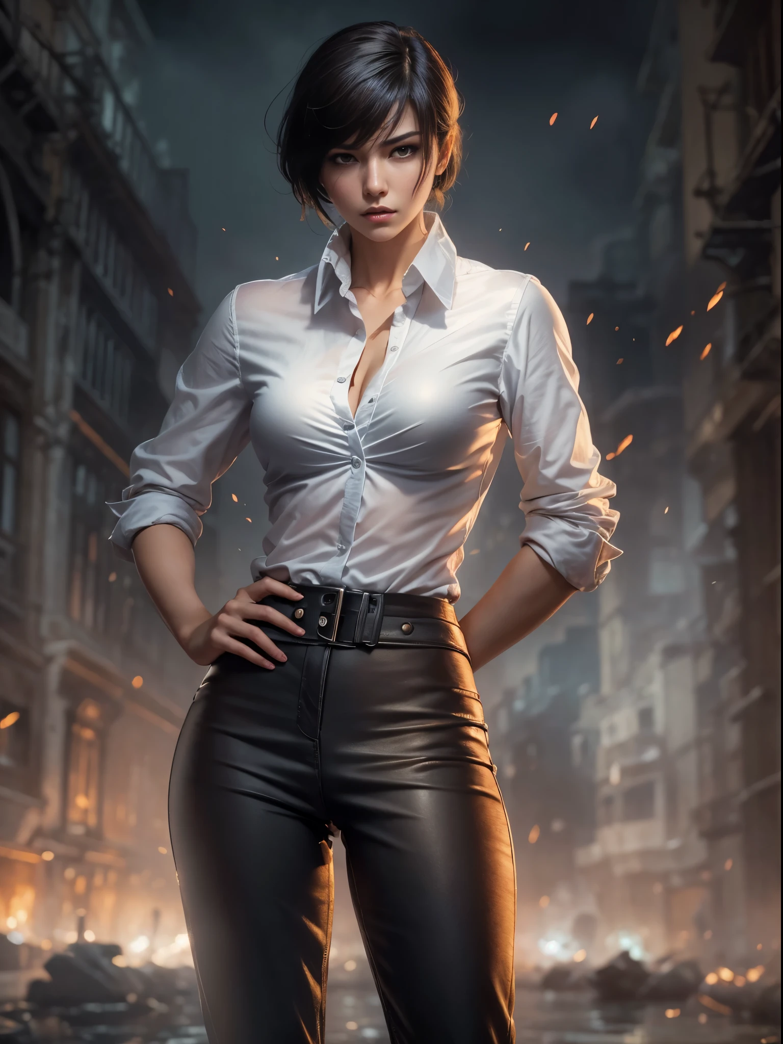 ((best quality)) , ((masterpiece)) ,(((Fantasy illustration))), Ada Wong from Resident Evil, portrayed in a crisp white shirt, high-definition, stylish and sophisticated. The white shirt adds a touch of modern professionalism to her iconic look, tailored to fit her form perfectly. The setting is a dimly lit, mysterious environment reminiscent of the Resident Evil series' atmospheric locations. She stands confidently, her posture and expression reflecting her intelligence and determination. The lighting is subtle yet dramatic, emphasizing the texture of the shirt and the intensity of her gaze. The image captures Ada's blend of elegance and edge, with a focus on her strategic mind and enigmatic allure,8k resolution