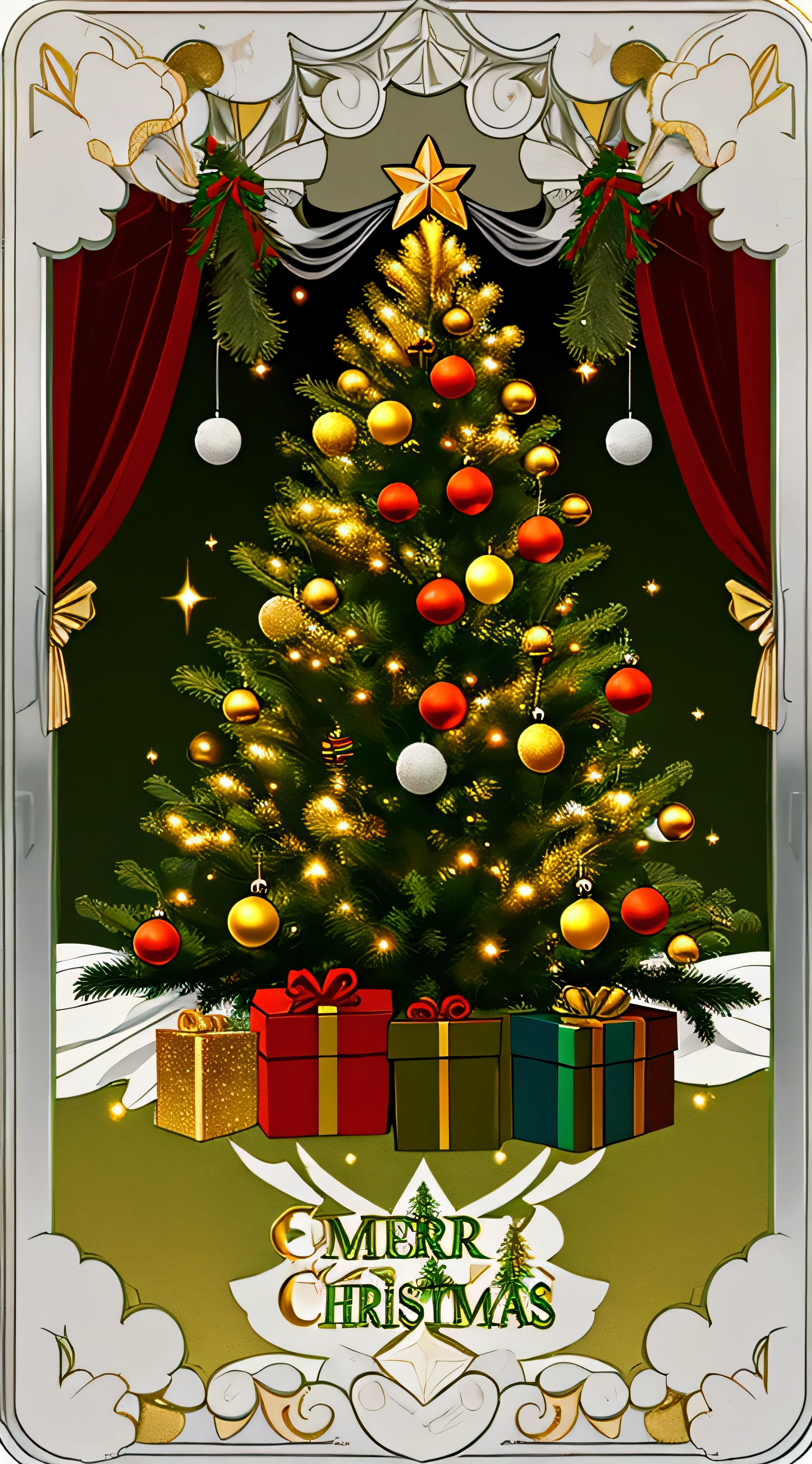 official art, 8k unit wallpaper, ultra detailed, beautiful and aesthetic, high quality, beautiful, masterpiece, high definition, best quality (christmas tree), symmetrical, symmetrical, a Christmas landscape, fibonacci, golden ratio. Supplemental color: white, green, red, silver, gold