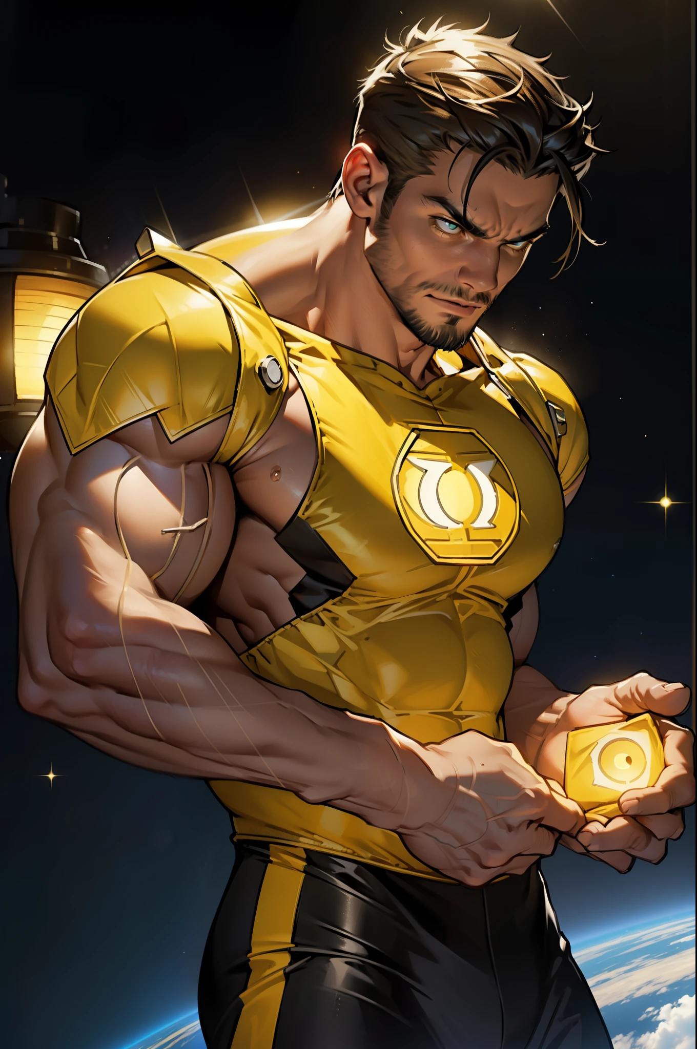 An award-winning original photo，A wild muscular man, (30 years old man:1.3), 1boy, Solo, (wearing a (yellow lantern) metal suit), (yellow ring on a finger), spikes, neon stripes, black hair, (big shoulder), muscular, hunk, stubbles, Short beard, (Detailed face:1.3), (beautiful eyes:1.2), really angry, Dynamic Angle, volumetric lighting, (Best quality, A high resolution, Photorealistic), Cinematic lighting, Masterpiece, RAW photo, Intricate details, hdr, depth of field, upper body shot, in space background