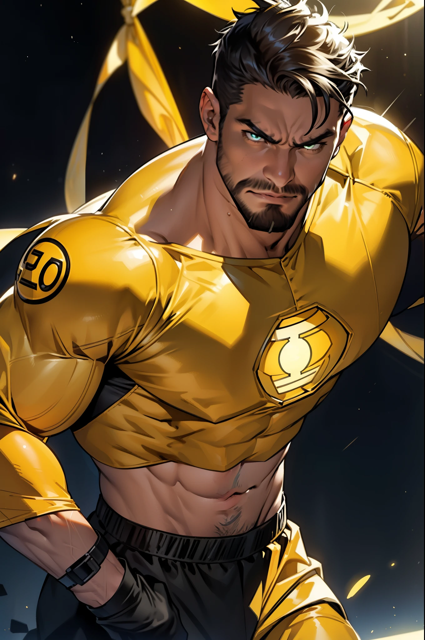 An award-winning original photo，A wild muscular man, (30 years old man:1.3), 1boy, Solo, (wearing a (yellow lantern) metal suit), (yellow ring on a finger), spikes, neon stripes, black hair, (big shoulder), muscular, hunk, stubbles, Short beard, (Detailed face:1.3), (beautiful eyes:1.2), really angry, Dynamic Angle, volumetric lighting, (Best quality, A high resolution, Photorealistic), Cinematic lighting, Masterpiece, RAW photo, Intricate details, hdr, depth of field, upper body shot, in space background