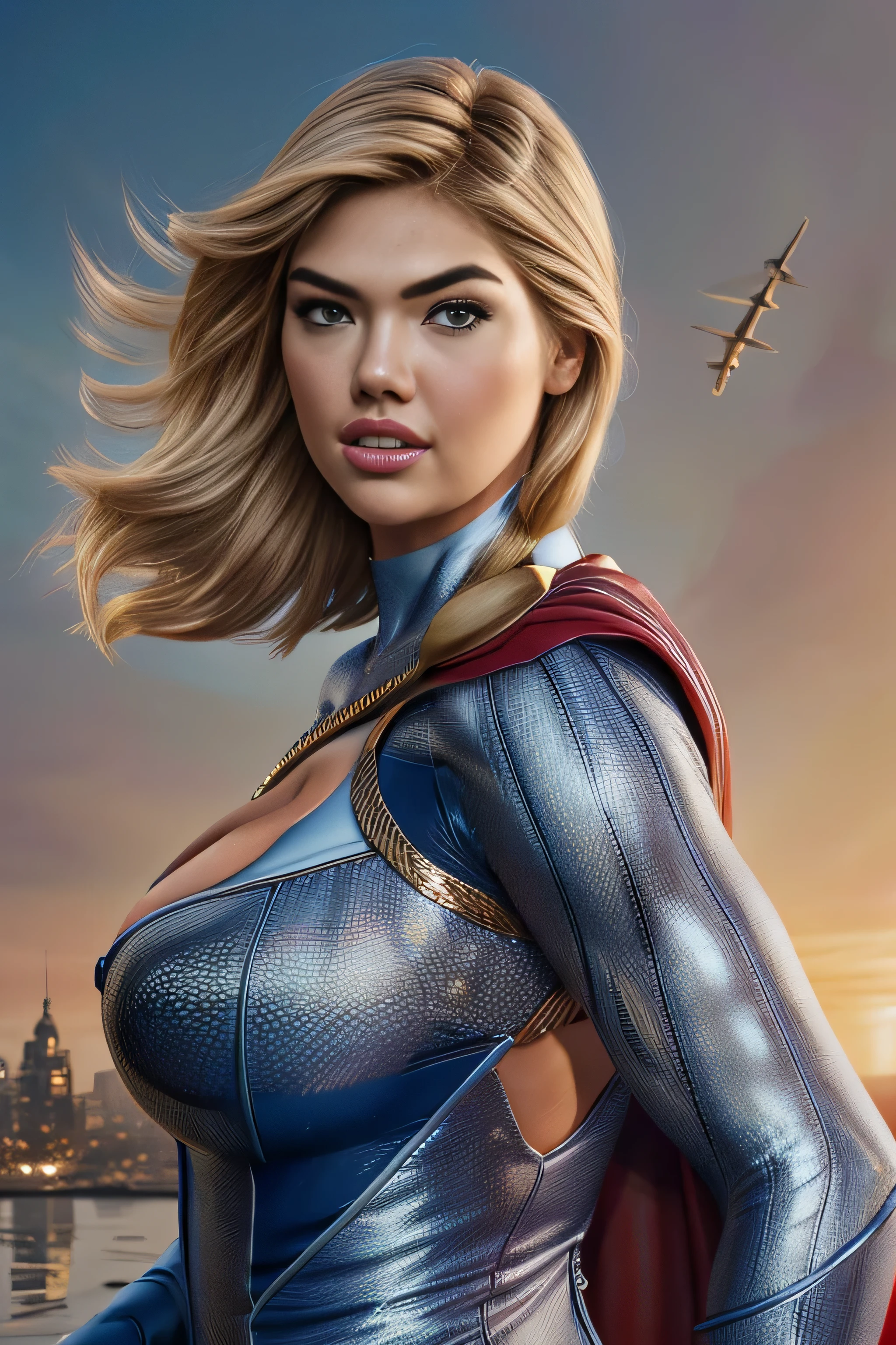 Subject: A photorealistic portrayal of Kate Upton as Power girl in her enchanting attire, standing gracefully with an air of mystique. Type of Image: Photorealistic digital artwork capturing and captivating presence. Art Styles: Photorealism, showcasing intricate details of her costume, intricate accessories, and her captivating expression.