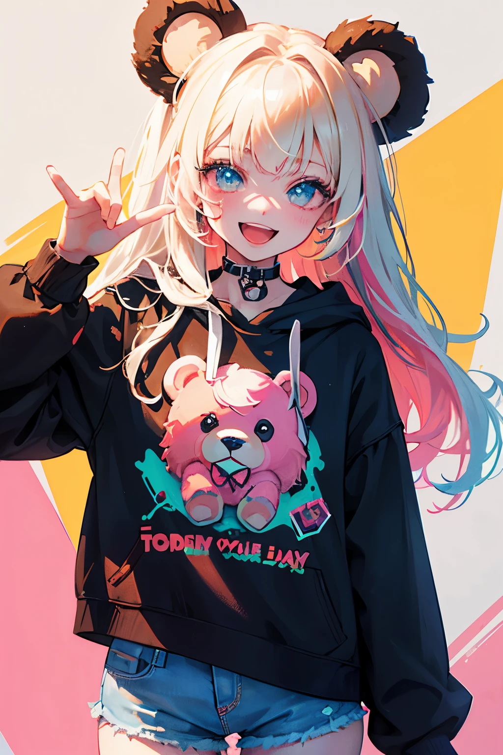 (illustratio:1.3)Teddy bear with girl smiling with open mouth,Painted with multicolored inks,Punk style,Innocent Teddy Bear,Radiant,Delicate,high-level image quality,Honey is dripping