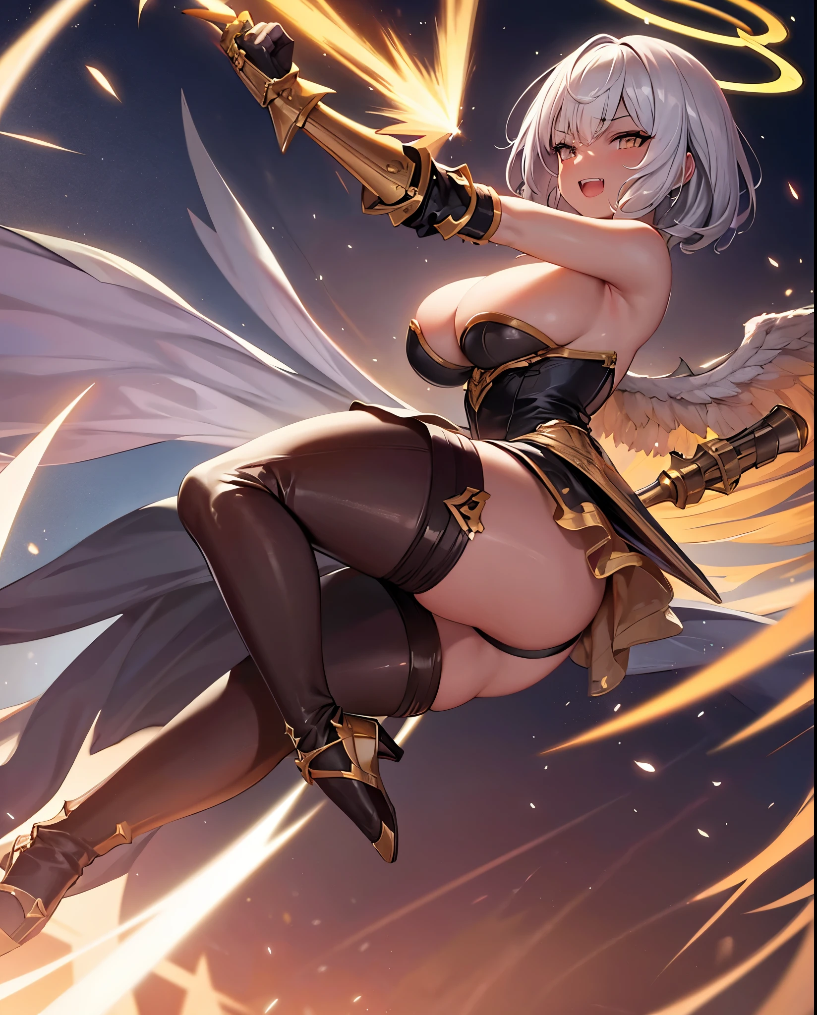 fantasy, 1angel_girl,child, loli,brown_hair, medium_bob_hair, long_bangs, halo,bare_shoulder,thighhighs,silver_armor, waist_armor, large_breasts,angry,grinning,open_mouth_teeth, 1pair_wings, dynamic_pose_fighting,floating, bare_crotch, headgear,gauntlet, greaves,city_sky_background,slightly_spread_legs, solo, groin_naked,dark_skin,