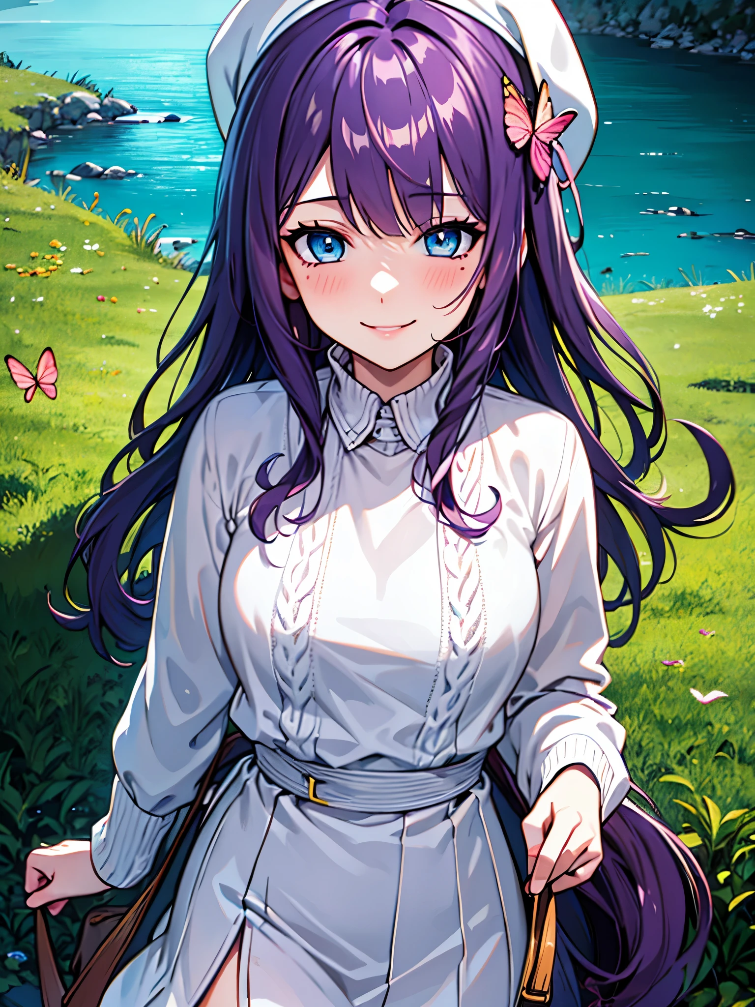 {{{{masterpiece}}}}, {{{hyper detailed}}}, {{{highres}}}, {{good anatomy}}, (((best quality))), ((anime style,anime charater)),(((aqua blue eyes,purple hair))),natural landscape ,big perfect watery eyes, (((white kintted sweater))), hairclip, {8k cg wallpaper}, {{illustration,upper shot}}, (long hair|detailed hair|blunt bangs|shiny hair),smile,(1girl:1), solo, (chromatic aberration:1.2), little shy smile,cheery blush face,neat face,butterfly bow on hair,((white beret hat)),