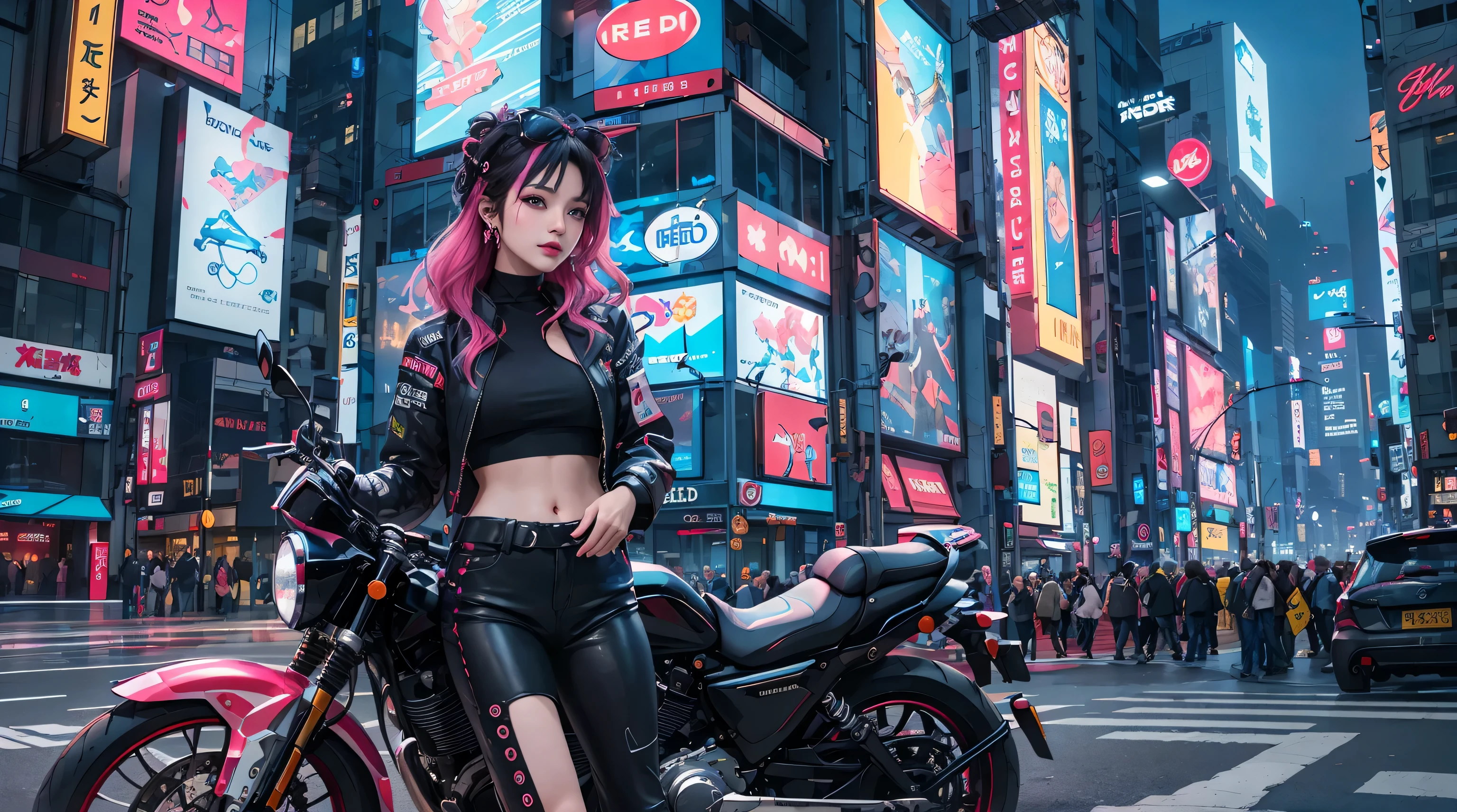 masterpiece, best quality, Confident cyberpunk girl, ((standing in front of motorcycle)), Harajuku-inspired pop outfit, bold colors and patterns, eye-catching accessories, trendy and innovative hairstyle, vibrant makeup, Cyberpunk dazzling cityscape, skyscrapers, neon signs, LED lights, bright and vivid color scheme, anime, illustration, detailed skin texture, detailed cloth texture, beautiful detailed face, intricate details, ultra detailed.