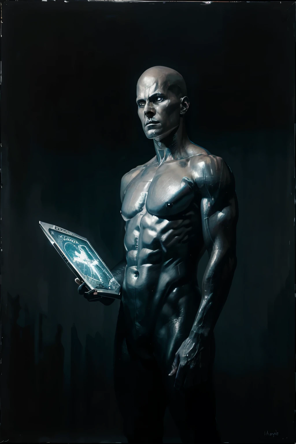 oil painting of the silver surfer mid 50's, looking down, intense expression, dark atmosphere, black background, in the style