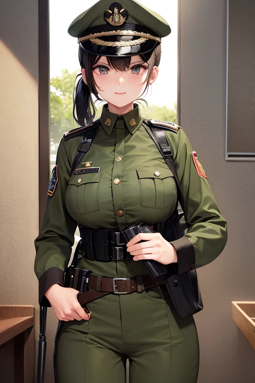 Military Uniform, Black Hair, Breast, Military Cap, Ponytail