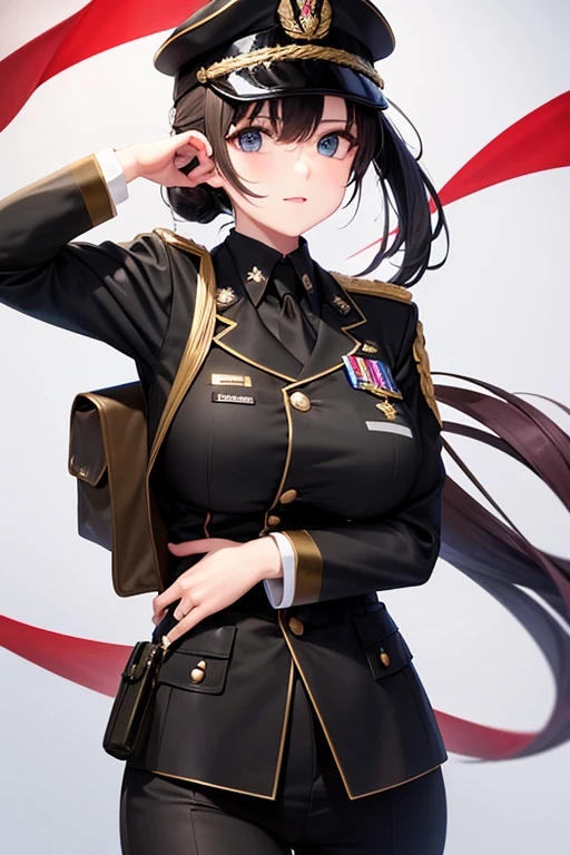 Military Uniform, Black Hair, Breast, Military Cap, Ponytail