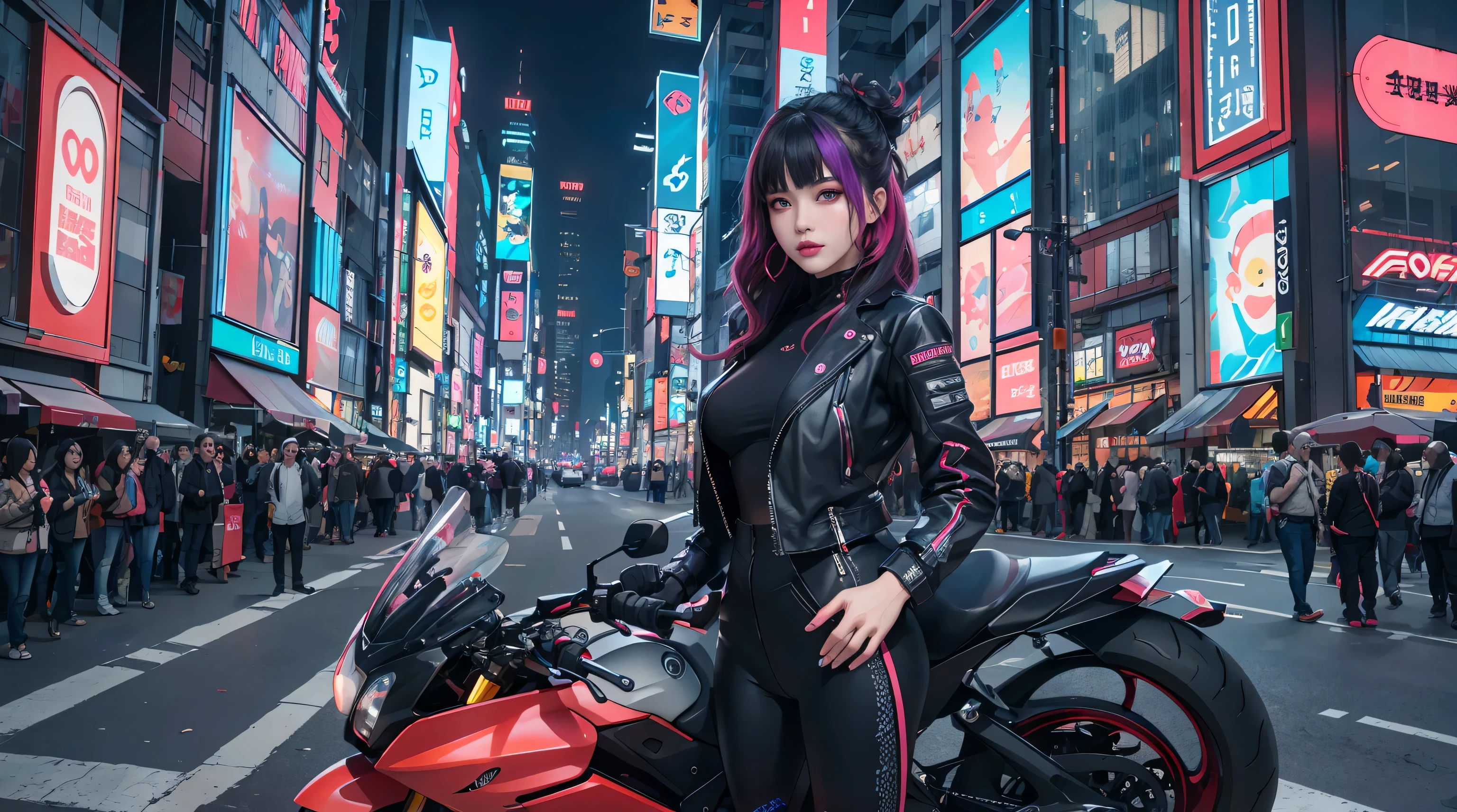 masterpiece, best quality, Confident cyberpunk girl, ((standing in front of motorcycle)), Harajuku-inspired pop outfit, bold colors and patterns, eye-catching accessories, trendy and innovative hairstyle, vibrant makeup, Cyberpunk dazzling cityscape, skyscrapers, neon signs, LED lights, bright and vivid color scheme, anime, illustration, detailed skin texture, detailed cloth texture, beautiful detailed face, intricate details, ultra detailed.