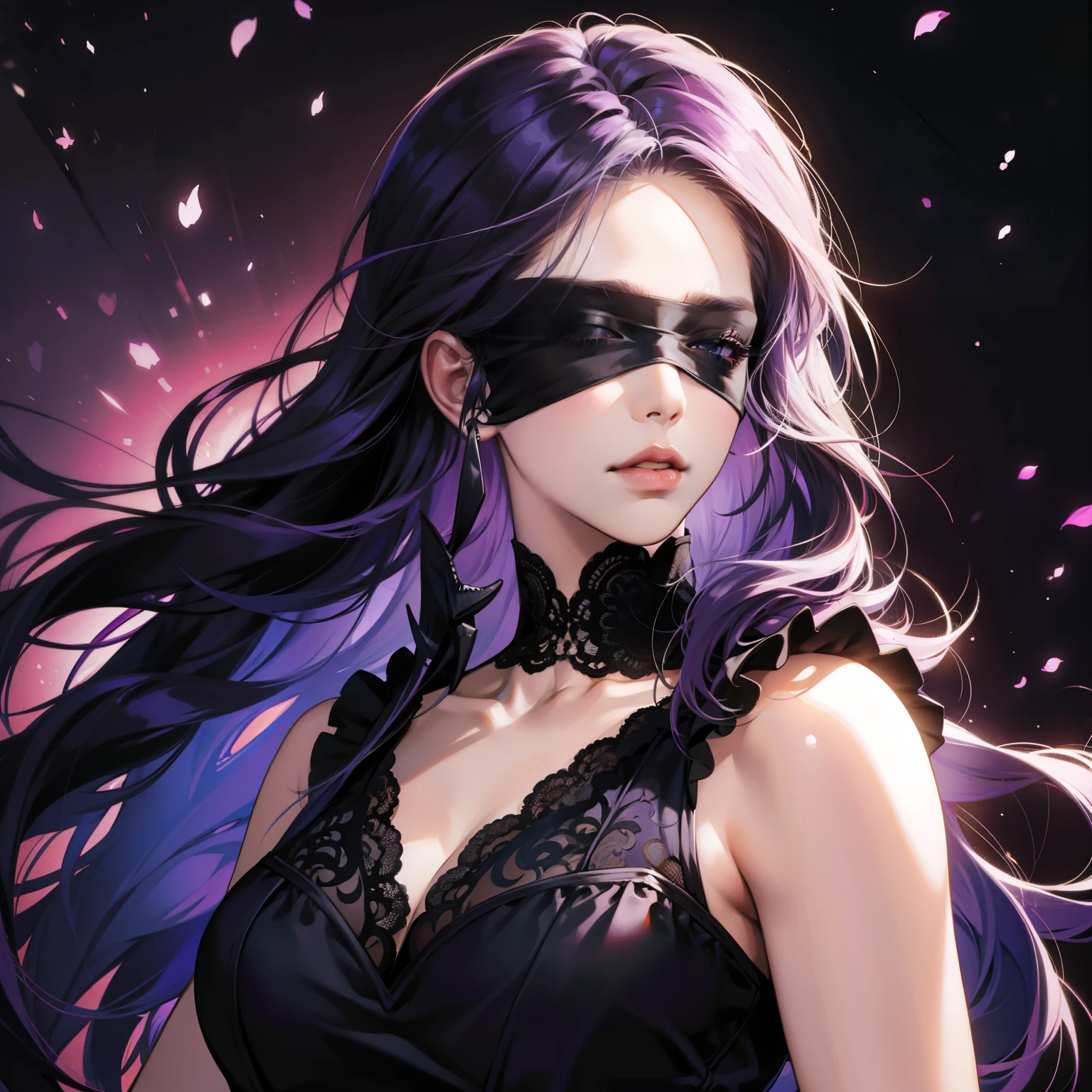 Masterpiece, high quality, best quality, HD, realistic, perfect lighting, detailed body, 1 woman, wear blindfold, long hair, black and Purple Hair, Scary & sexy face, dress, set background.