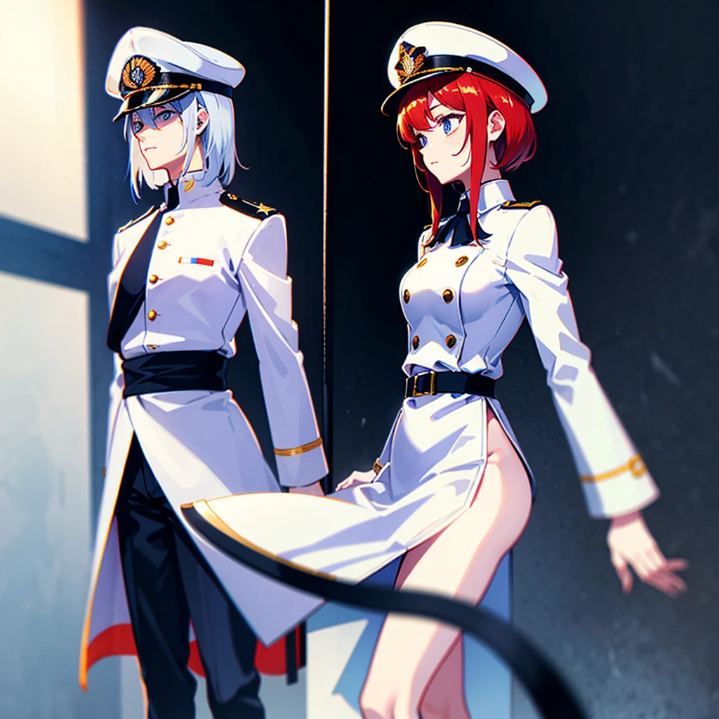 (((masterpiece)))、(((Top image quality)))、(((top-quality)))、((highly detailed unity 8kwall-paper))、(Illustration of one woman)、30-years old、(Viceroy)、((Red-haired shorthair))、(Thin hair hanging down both sides of the face)、Blue eyes、((Tall))、((Muscle Woman、stocky build、muscular legs、broad shoulders、solid chest))、((Military uniforms))、((Military Cap))、((Military coat))、(white clothes)、(White pants)、(White cap)、trench coat、((Inside the spaceship))