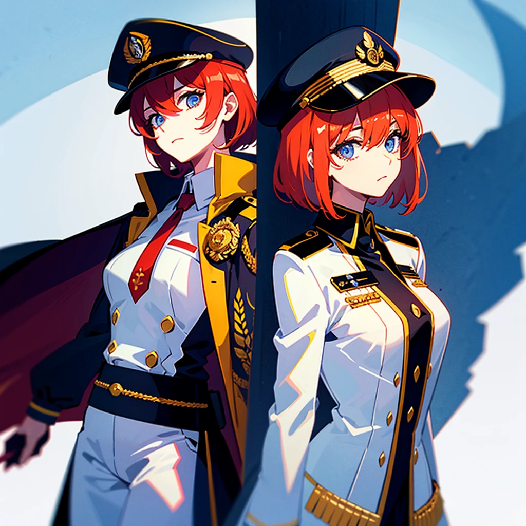 （（（​masterpiece）））、（（（Top image quality）））、（（（top-quality）））、（（highly detailed unity 8ｋwall-paper））、（Illustration of one woman）、30-years old、（Viceroy）、（（Red-haired shorthair））、（Thin hair hanging down both sides of the face）、Blue eyes、（（Tall））、（（Muscle Woman、stocky build、muscular legs、broad shoulders、solid chest））、（（Military uniforms））、（（Military Cap））、（（Military coat））、（white  clothes）、（White pants）、（White cap）、trench coat、（（Inside the spaceship））