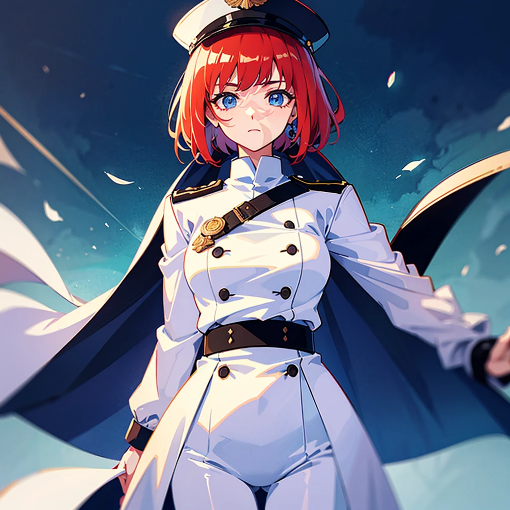 (((masterpiece)))、(((Top image quality)))、(((top-quality)))、((highly detailed unity 8kwall-paper))、(Illustration of one woman)、30-years old、(Viceroy)、((Red-haired shorthair))、(Thin hair hanging down both sides of the face)、Blue eyes、((Tall))、((Muscle Woman、stocky build、muscular legs、broad shoulders、solid chest))、((Military uniforms))、((Military Cap))、((Military coat))、(white clothes)、(White pants)、(White cap)、trench coat、((Inside the spaceship))