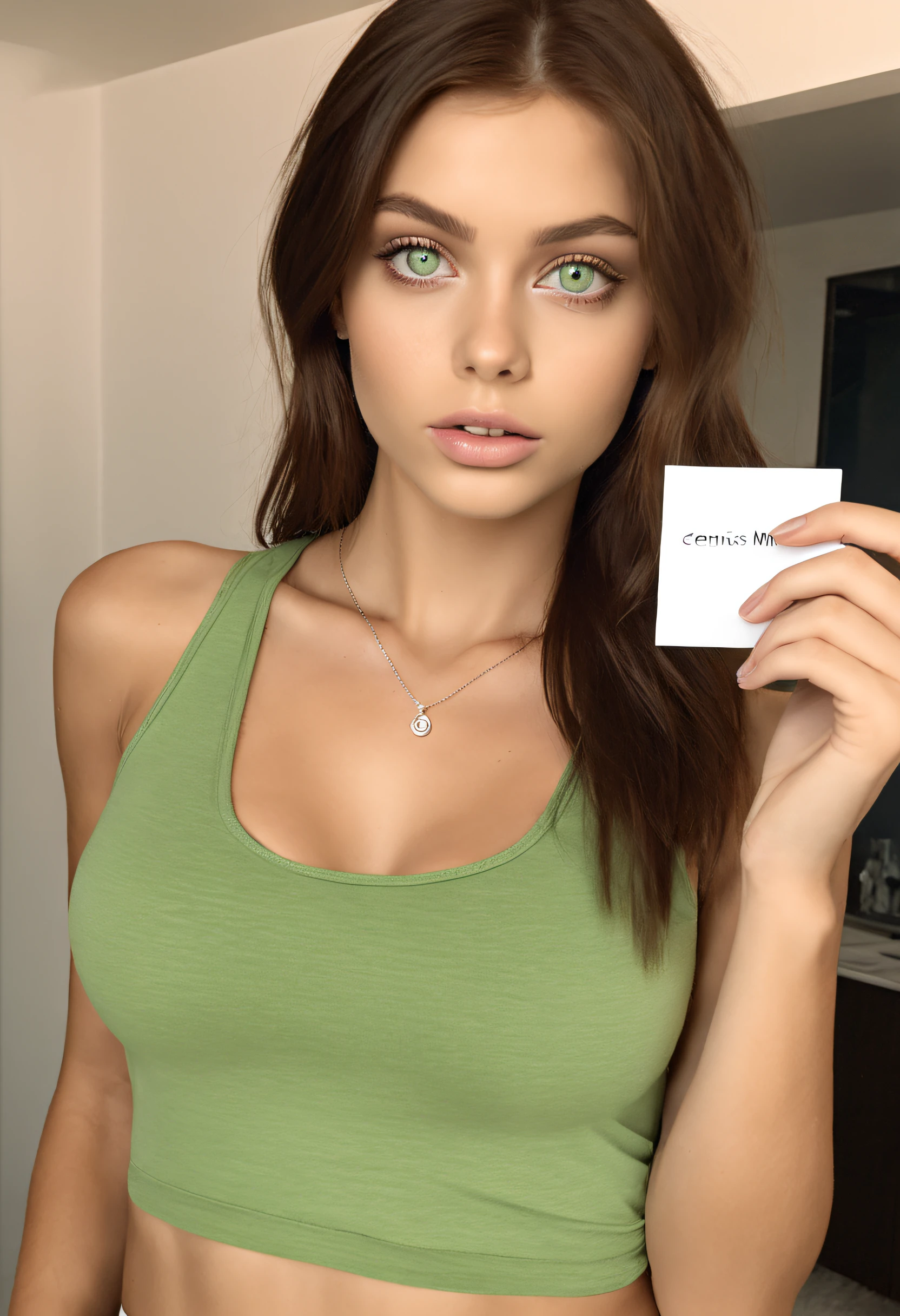 arafed woman with a white tank top and a necklace, with green eyes, portrait sophie mudd, brown hair and large eyes, selfie of a young woman, bedroom eyes, violet myers, without makeup, natural makeup, looking directly at the camera, face with artgram, subtle makeup, stunning full body shot, piercing green eyes, beautiful angle, attractive pose, cute girl, sexy pose, full body picture, full body, full body shoot, brunette goddess, high detail, satisfied pose, mini skirt, in front of a mirror, holding up a piece of paper that says: Dennis. please make this paper