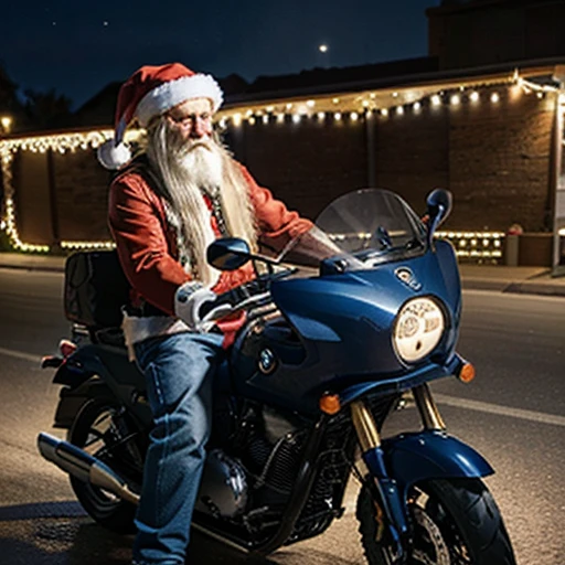 Santa Claus with long flowing hair and wearing jeans and denim shirts has arrived at night on a cool BMW motorcycle to deliver Christmas gifts to all mankind on Christmas day.