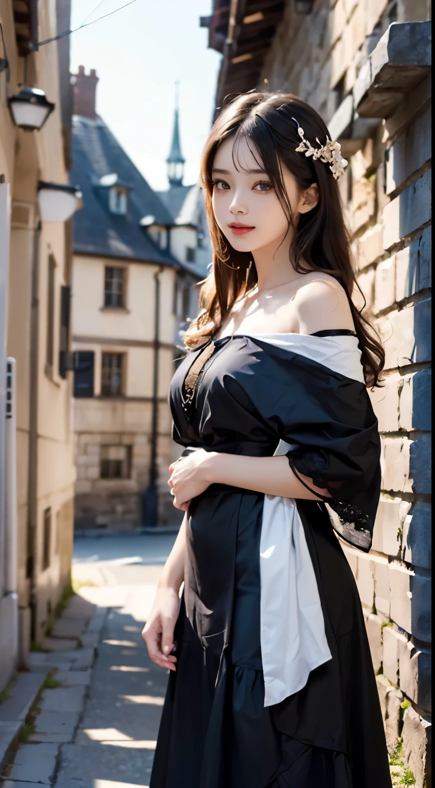(A hyper-realistic)、(illustratio)、(hight resolution)、(8K)、(ighly detailed)、(best illustratio ration)、(beautifully detailed eyes)、(top-quality)、(ultra-detailliert)、(masterpiece)、(wall-)、(A detailed face)、独奏、1 girl in、looking at viewert、fine detailed、A detailed face、in the darkness nigth、deep-shadows、lowkey、pureerosfaceace_v1、A smile、long、Black shawl straight hair、46-point diagonal bangs, (silk dresses、long skirt)(off shoulders)View of the castle、、Stand against the wall,Face straight ahead,super lady、elegant behavior,