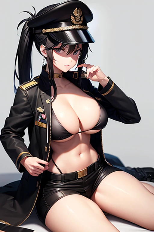 Military Uniform, Black Hair, Breast, Military Cap, Ponytail, Bikini