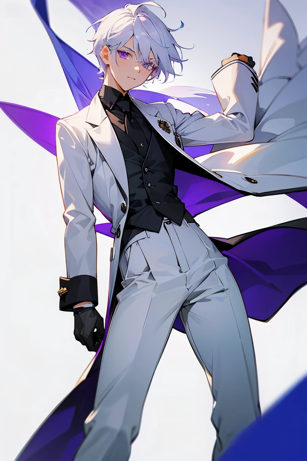 Anime boy with olive skin, purple eyes and white hair. He wear an elegant white outfit made by: Coat, waistcoat, pants, gloves and loafers