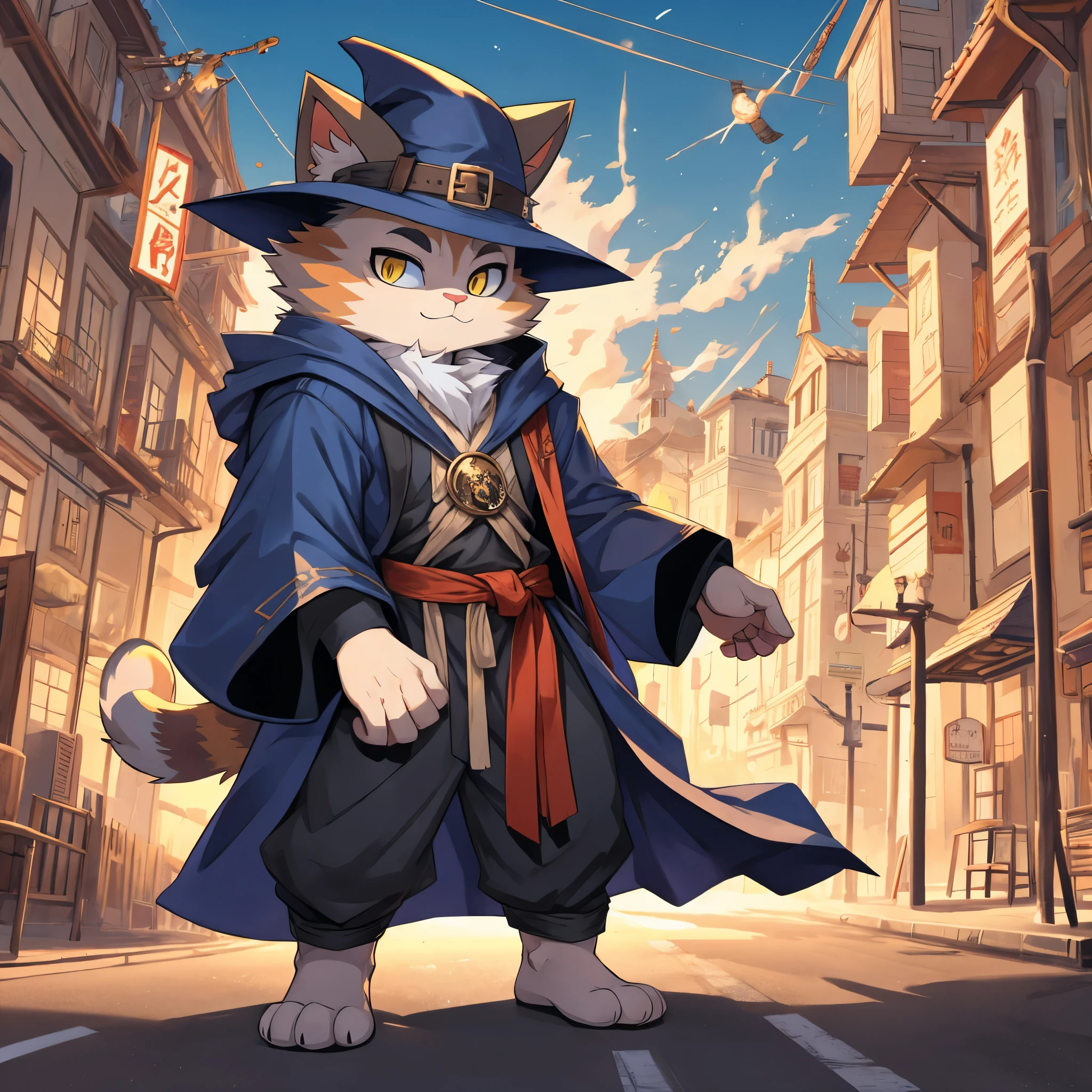 Cat wearing wizard robe, standing, on the road, stunning style