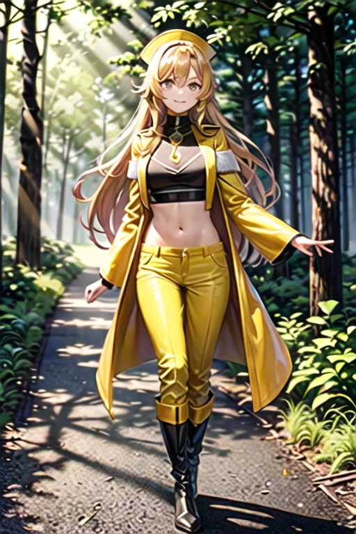 a girl with bright skin and yellow-orange blond, about 16 years old girl with long striaght hair, pretty smile with bright yellow eye, priestess wearing a long yellow tailcoat showing navel, ankle-long yellow cotton pants, platinum metal gauntlet on left hand, knee-high leather boots, forest road background, shaking a hand to the front