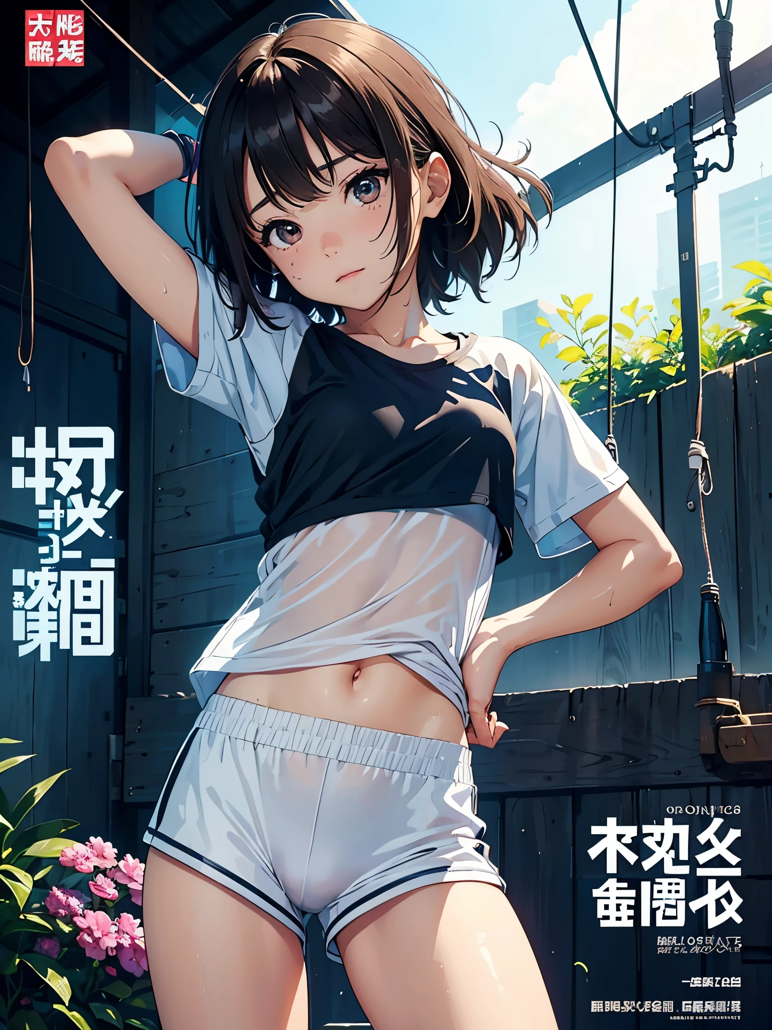 (Superflat, Flat Shading, flat-colors:1.1)、(Magazine Cover)、Illustrations、(one asian boyish girl)、(cute little:1.2)、very beautiful cartoon girl、Great smile、cheeks are reddened、(High Detail Skin: 1.2)、photorealistic anime girl render、realistic anime 3 d style、cute littleボブカット、Beautiful brown hair、Intense black eyes、Strong highlights of the eyes、(A detailed、medium chest)、Perfect Anatomy、hair messy、old style sportswear、((Sportswear that is transparent with sweat))、white tight sleeveless shirt、dark blue short tight shorts、((Wet with water))、crotch open、Head tilt、Standing、Cowboy Shot、Arms at sides、((from behind、hindquarters、heart cutout、hip incision))、Volumetric lighting、Soft light、Bright、neons、Vibrant colors、watercolor paiting、