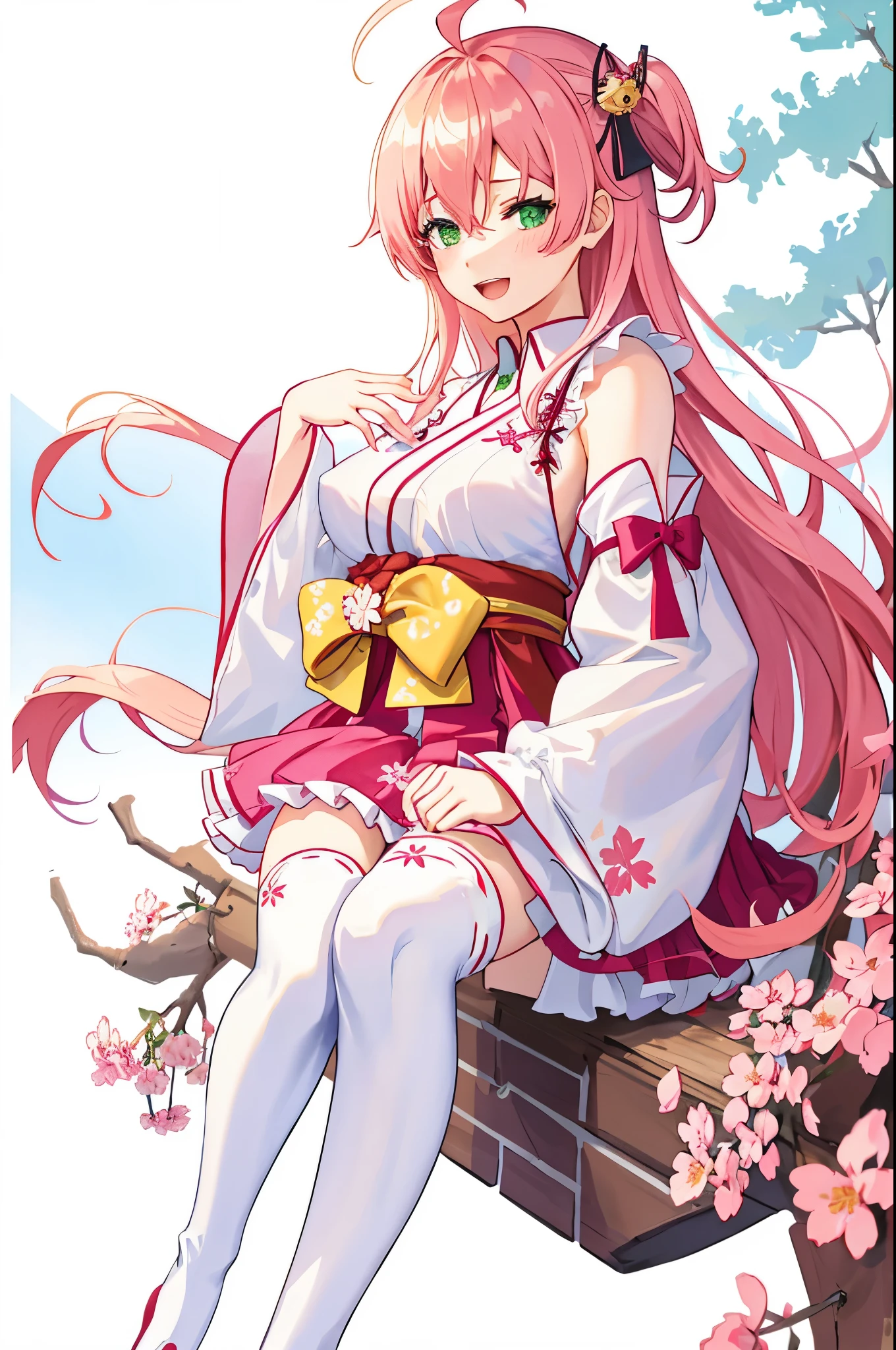 masterpiece, best quality, highres, sakura_miko, 1girl, (loli:1.3),medium_breasts, kimono, solo, ahoge, x_hair_ornament, pink_hair, floral print, hairclip,(side_less_clothes:1.3), (side_breasts:1.3), hair_bell, floral print, long_hair, hair between eyes, one side up, white_thighhighs, wide sleeves, open_mouth,(happy:1.3),green_eyes,smile,apart_legs,(overly_long_sleeves:1.3),),sleeves_past_wrists,hands_hidden_sleeves,sidelock_clothes,solo,hidden_wrists,(XD:1.5),covered_nipples,sunlight,(bare_flank:1.3),boots,open_mouth,kimono,close_eyes,.