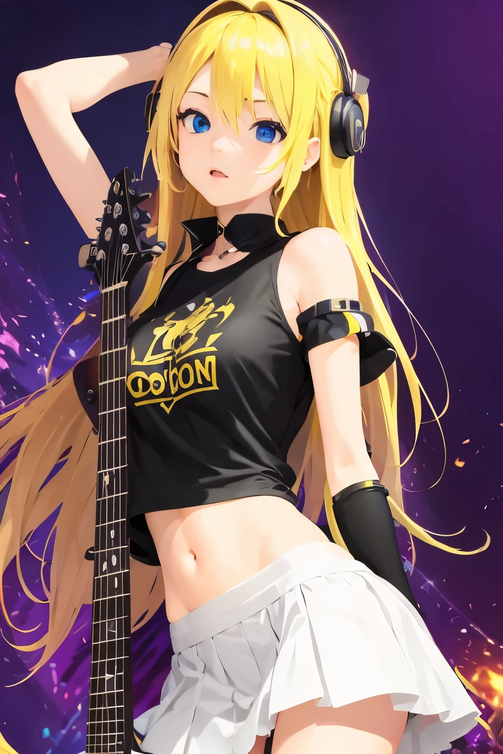 masterpiece, top quality 16k raw photo of Vocaloid3 Lily posing with guitar, blond hair blue eyes. navel look white skirt. black T-shirt. hand behind her head.