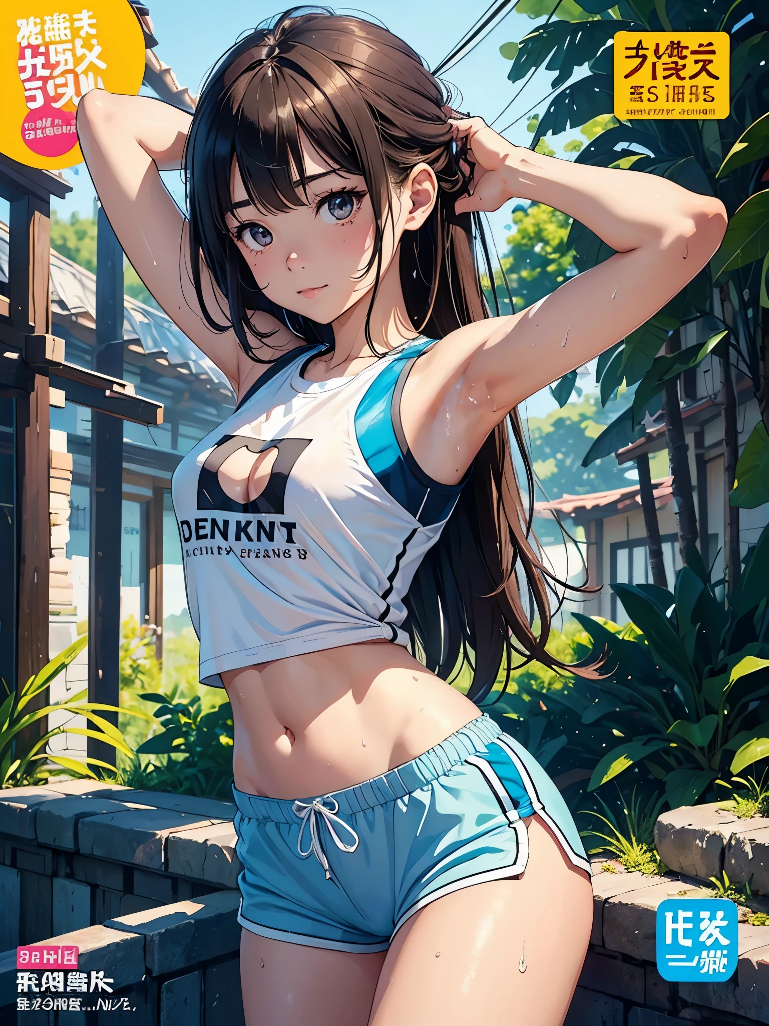 (Superflat, Flat Shading, flat-colors:1.1)、(Magazine Cover)、Illustrations、(one asian boyish girl)、(cute little:1.2)、very beautiful 14 year old cartoon girl、Great smile、cheeks are reddened、(High Detail Skin: 1.2)、photorealistic anime girl render、realistic anime 3 d style、cute littleボブカット、Beautiful brown hair、Intense black eyes、Strong highlights of the eyes、(A detailed、medium chest)、Perfect Anatomy、hair messy、old style sportswear、((Sportswear that is transparent with sweat))、white tight sleeveless shirt、dark blue short tight shorts、((Wet with water))、crotch open、Head tilt、Standing、Cowboy Shot、Arms at sides、((from behind、hindquarters、heart cutout、hip incision))、Volumetric lighting、Soft light、Bright、neons、Vibrant colors、watercolor paiting、