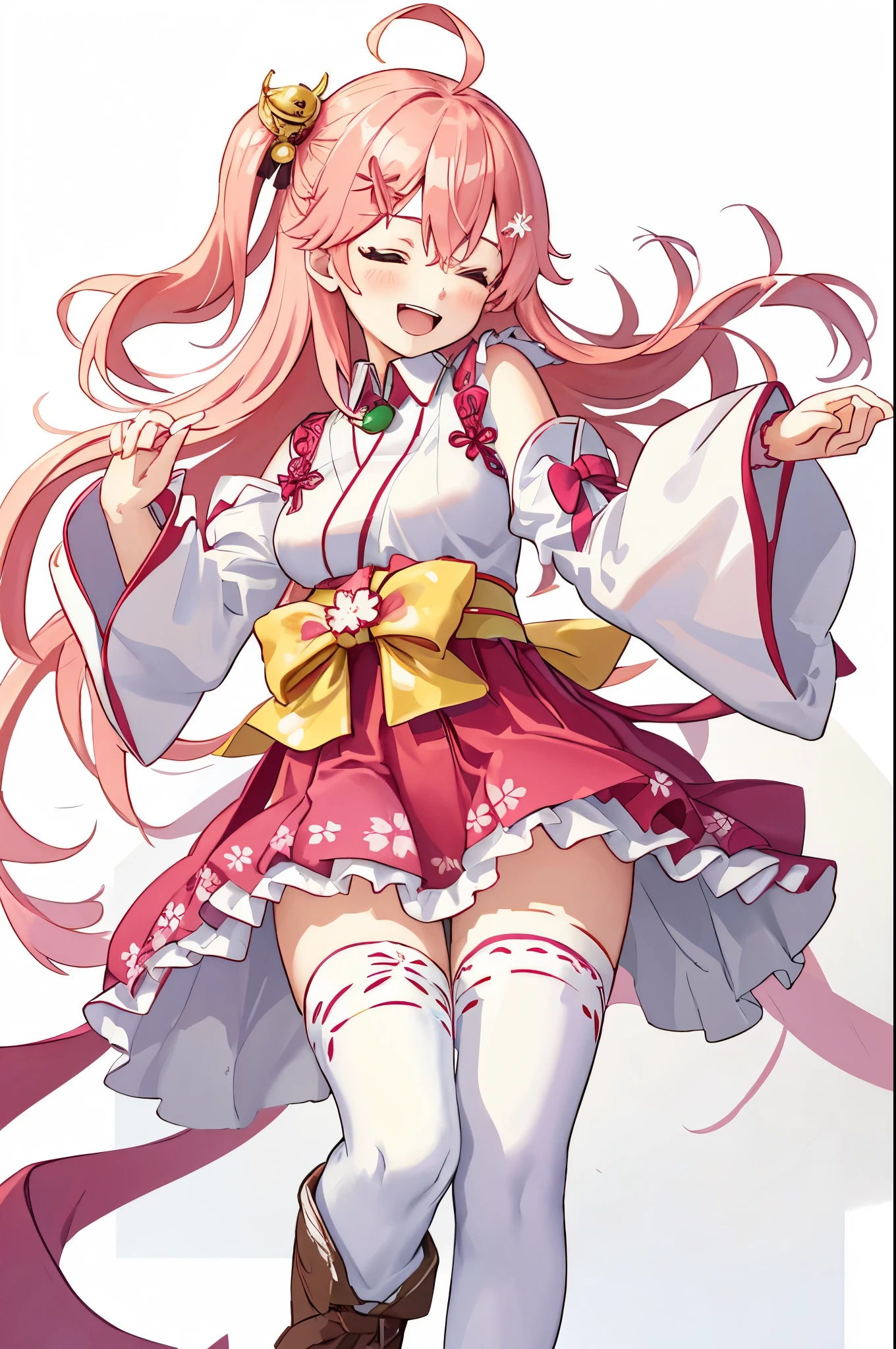 masterpiece, best quality, highres, sakura_miko, 1girl, (loli:1.3),medium_breasts, kimono, solo, ahoge, x_hair_ornament, pink_hair, floral print, hairclip,(side_less_clothes:1.3), (side_breasts:1.3), hair_bell, floral print, long_hair, hair between eyes, one side up, white_thighhighs, wide sleeves, open_mouth,(happy:1.3),green_eyes,smile,apart_legs,(overly_long_sleeves:1.3),),sleeves_past_wrists,hands_hidden_sleeves,sidelock_clothes,solo,hidden_wrists,(XD:1.5),covered_nipples,sunlight,(bare_flank:1.3),boots,open_mouth,kimono,close_eyes,.