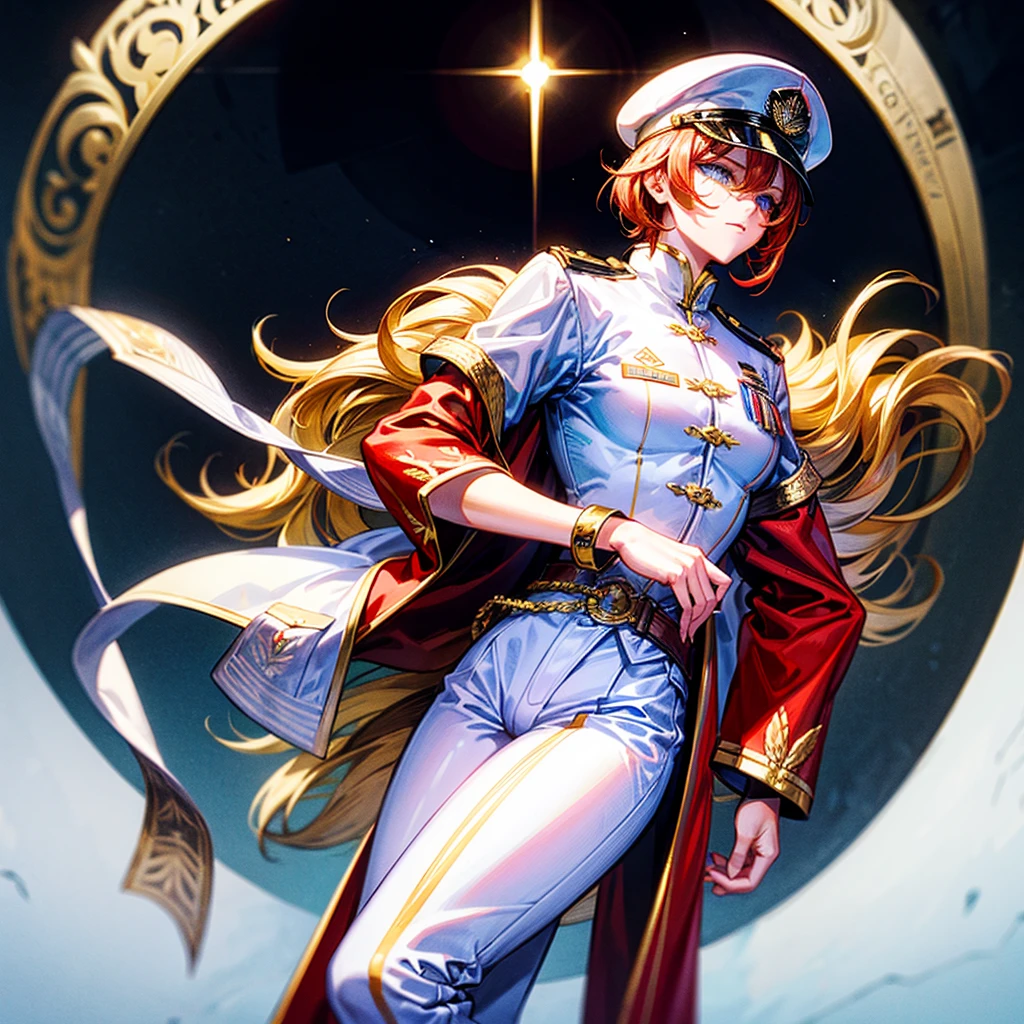 （（（​masterpiece）））、（（（Top image quality）））、（（（top-quality）））、（（highly detailed unity 8ｋwall-paper））、（Illustration of one woman）、30-years old、（Viceroy）、（（Red-haired shorthair））、（Thin hair hanging down both sides of the face）、Blue eyes、（（Tall））、（（Muscle Woman、stocky build、muscular legs、broad shoulders、solid chest））、（（Military uniforms））、（（Military Cap））、（（Military coat））、（white  clothes）、（White pants）、（White cap）、trench coat、（（Inside the spaceship））