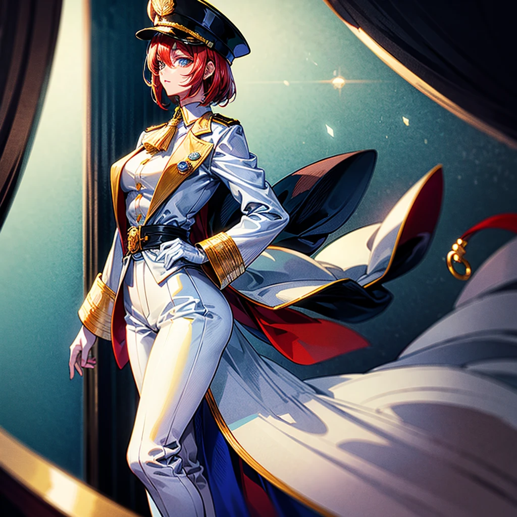 (((masterpiece)))、(((Top image quality)))、(((top-quality)))、((highly detailed unity 8kwall-paper))、(Illustration of one woman)、30-years old、(Viceroy)、((Red-haired shorthair))、(Thin hair hanging down both sides of the face)、Blue eyes、((Tall))、((Muscle Woman、stocky build、muscular legs、broad shoulders、solid chest))、((Military uniforms))、((Military Cap))、((Military coat))、(white clothes)、(White pants)、(White cap)、trench coat、((Inside the spaceship))