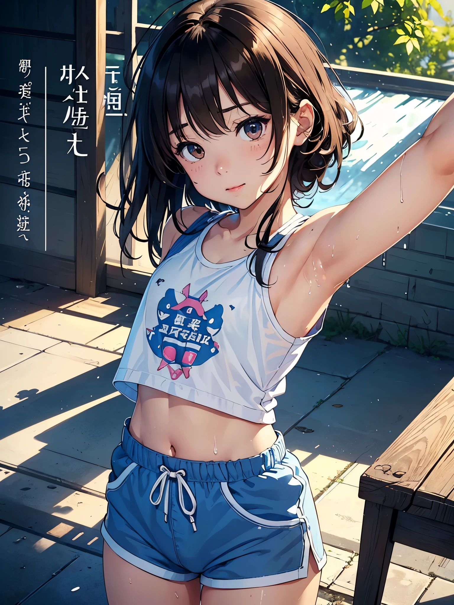 (Superflat, Flat Shading, flat-colors:1.1)、(Magazine Cover)、Illustrations、(one asian boyish girl)、(cute little:1.2)、very beautiful cartoon girl、Great smile、cheeks are reddened、(High Detail Skin: 1.2)、photorealistic anime girl render、realistic anime 3 d style、cute littleボブカット、Beautiful brown hair、Intense black eyes、Strong highlights of the eyes、(A detailed、medium chest)、Perfect Anatomy、hair messy、old style sportswear、((Sportswear that is transparent with sweat))、white tight sleeveless shirt、dark blue short tight shorts、((Wet with water))、((crotch open、Head tilt、Standing、Cowboy Shot、Arms at sides、from behind、hindquarters、heart cutout、hip incision))、Volumetric lighting、Soft light、Bright、neons、Vibrant colors、watercolor paiting、