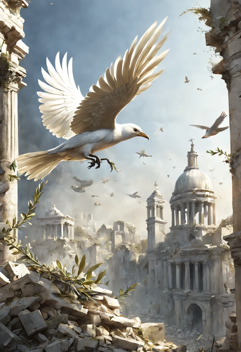 illustration of battlefield, pure white bird with a cut of olive branch flying on the city ruins, backview, intricate, (masterpiece, Representative work, official art, Professional, unity 8k wallpaper:1.3)