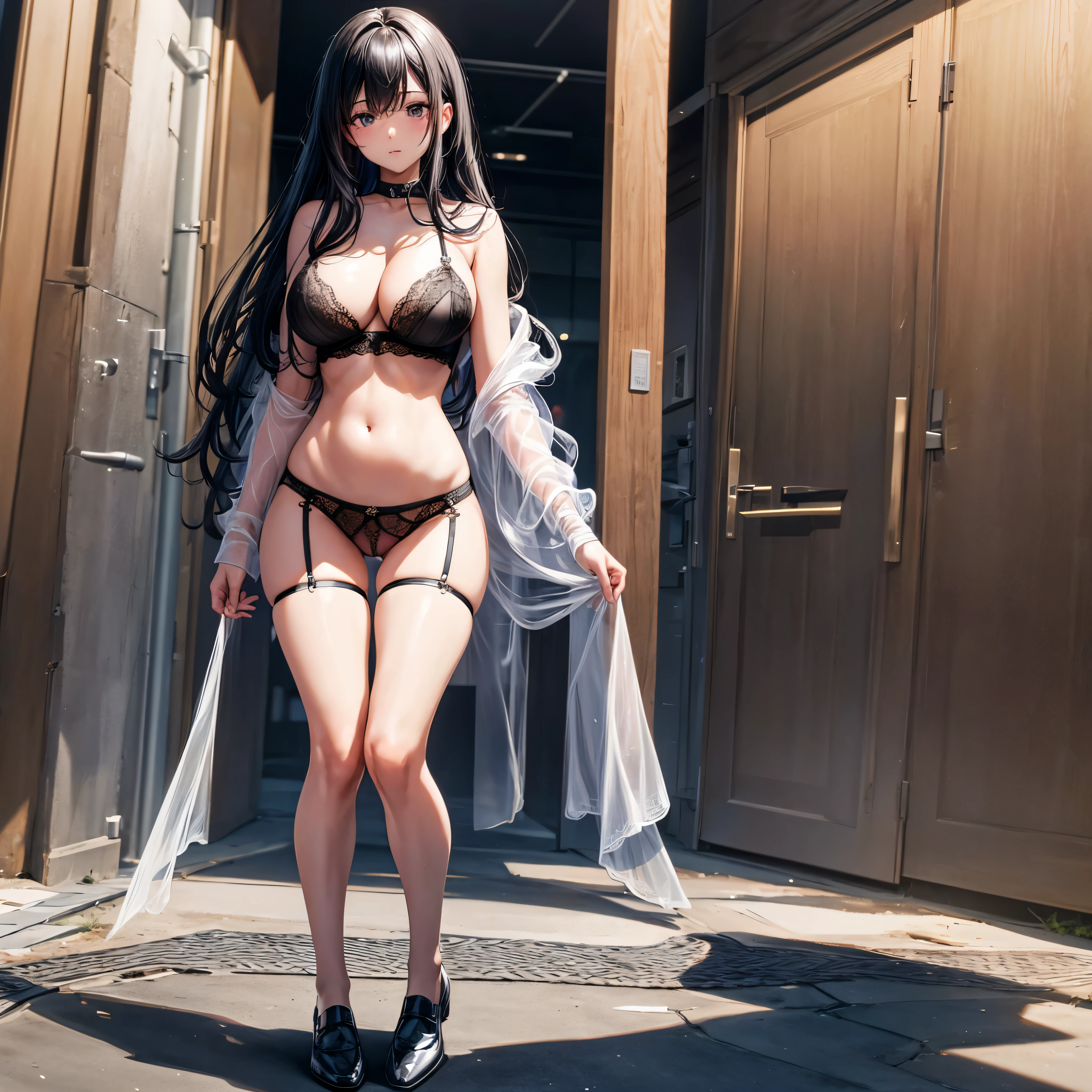8K Ultra Clear,A high resolution,best quality,Best character structure,A cute girl,with black curled hair,wearing an sexy underwear,Transparent lace lingerie,Loafer shoes,half squatting,showing waist,exposing your navel,exposed device,with faintly visible,器with faintly visible。