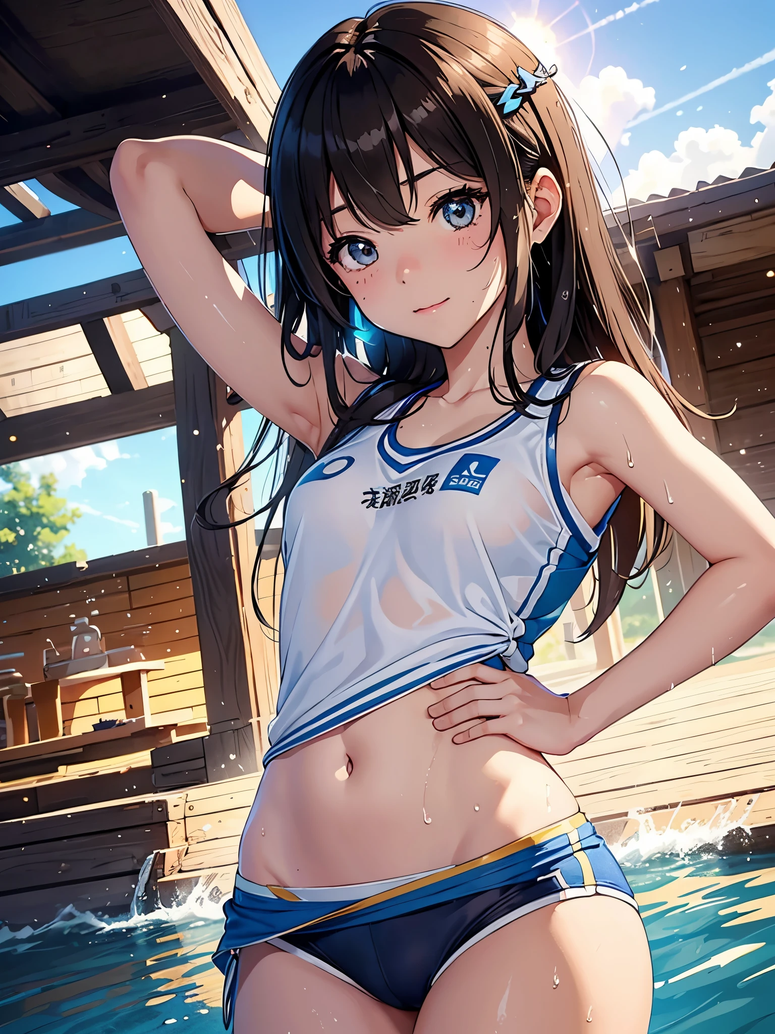 (Superflat, Flat Shading, flat-colors:1.1)、(Magazine Cover)、Illustrations、(one asian boyish girl)、(cute little:1.2)、very beautiful 14 year old cartoon girl、Great smile、cheeks are reddened、(High Detail Skin: 1.2)、photorealistic anime girl render、realistic anime 3 d style、cute littleボブカット、Beautiful brown hair、Intense black eyes、Strong highlights of the eyes、(A detailed、medium chest)、Perfect Anatomy、hair messy、old style sportswear、((Sportswear that is transparent with sweat))、white tight sleeveless shirt、dark blue short tight shorts、((Wet with water))、((crotch open))、Head tilt、((Standing、Cowboy Shot))、Arms at sides、((from behind、hindquarters、heart cutout、hip incision))、Volumetric lighting、Soft light、Bright、neons、Vibrant colors、watercolor paiting、
