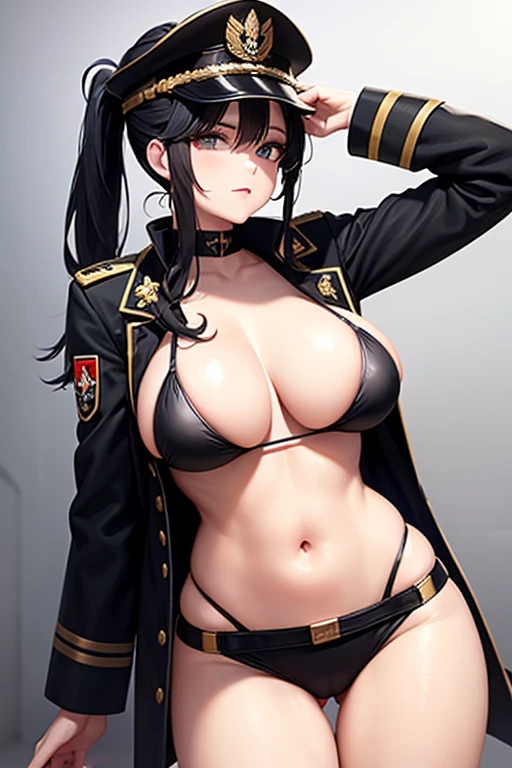 Military Uniform, Black Hair, Breast, Military Cap, Ponytail, Bikini