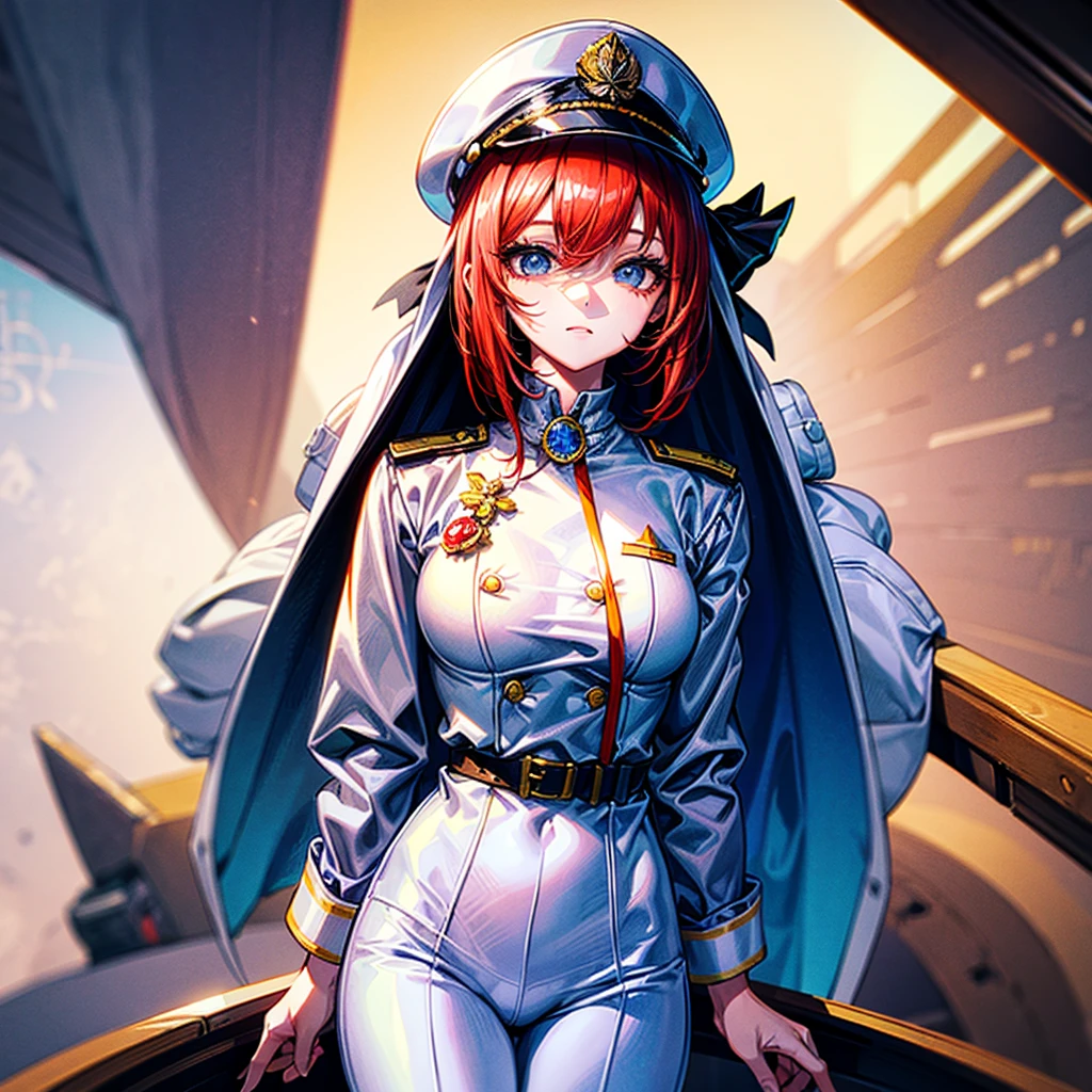 ((Masterpiece)), ((Highest Image Quality)), ((Best Quality)), (Illustration of One Girl), Full Body, 25 Years Old, Neutral, ((Freckles))), Orange Hair Ponytail, Yellow Eyes, (Tall Body)), Big, (Muscular Strong Body)), ((Muscular Strong Body)), (Military Uniform)), (Military Hat)), ((Army Coat)), (White Clothes), (White Pants), (White Hat), Trench Coat, ((Inside the Spacecraft)), (Outside the Window, Space, Earth as seen from space, Spaceport)