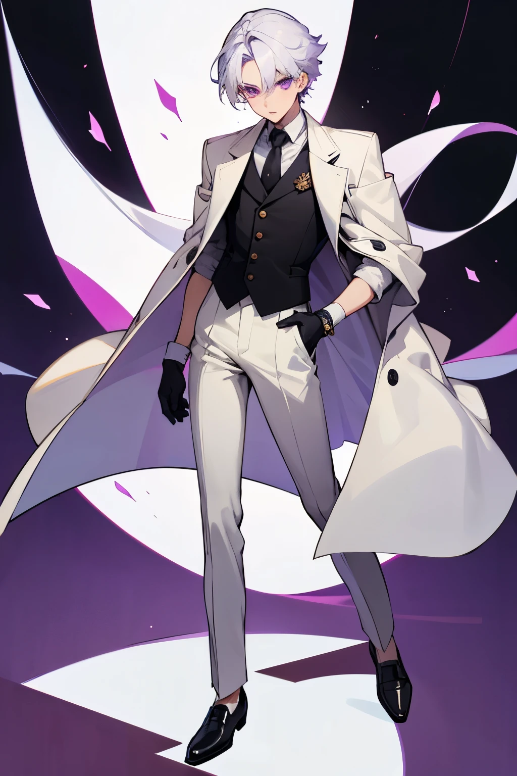 Anime boy with olive skin, purple eyes and white hair. He wear an elegant white outfit made by: Coat, waistcoat, pants, gloves and loafers